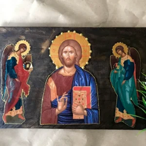 Handmade Greek Orthodox Icon of Jesus Christ Blessing with Archangels Michael & Gabriel Religious Icon Christian Wall Decor With Gold Chain