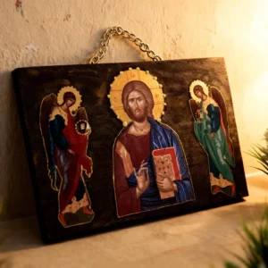 Handmade Greek Orthodox Icon of Jesus Christ Blessing with Archangels Michael & Gabriel Religious Icon Christian Wall Decor With Gold Chain