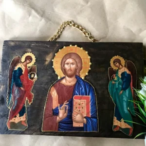 Handmade Greek Orthodox Icon of Jesus Christ Blessing with Archangels Michael & Gabriel Religious Icon Christian Wall Decor With Gold Chain