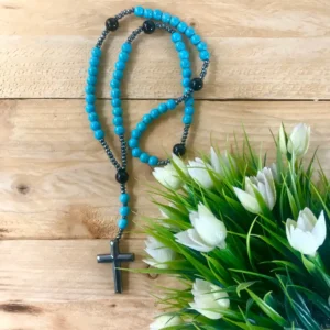 Metal Cross Rosary with Turquoise Beads Silver-Tone Faith Necklace Hanging Christian Rosary Religious Gift for Him or Her