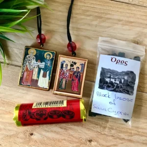 Saints Cyprian and Justina Icon Set with Incense and Charcoal - Orthodox Gift Set Incense and Charcoal Kit Christian Gift Set for Good Luck