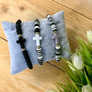 Set of 3 Stretch Beaded Bracelets with Cross – Christian Jewelry Gift – Unisex Religious Bracelet Set – Faith Jewelry