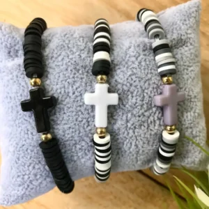 Set of 3 Stretch Beaded Bracelets with Cross – Christian Jewelry Gift – Unisex Religious Bracelet Set – Faith Jewelry