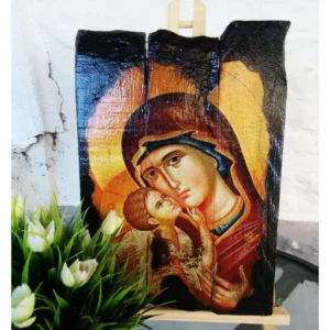 Virgin Mary Glykofilousa Icon, Handmade Wooden Christian Art
