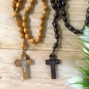 Wooden Cross Rosary Necklace