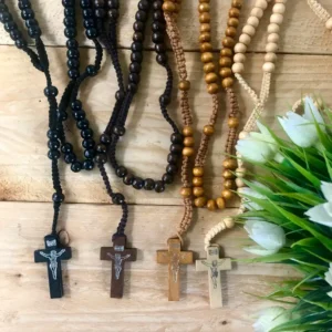 Wooden Cross Rosary Necklace Wooden Beads Rosary Christian Prayer Gift Rustic Faith Jewelry