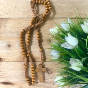 Wooden Cross Rosary Necklace Wooden Beads Rosary Christian Prayer Gift Rustic Faith Jewelry