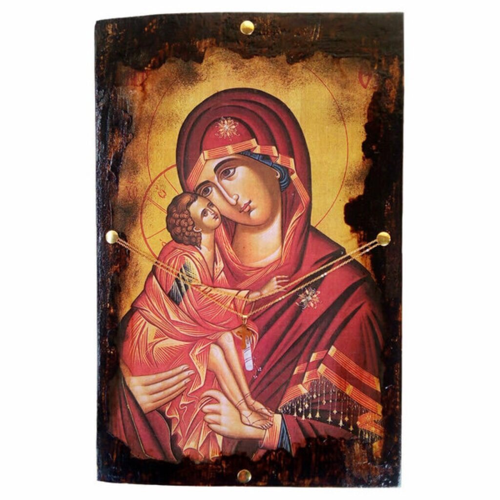 Handmade Panagia Glykofilousa Icon: Greek Orthodox Virgin Mary with Gold Cross