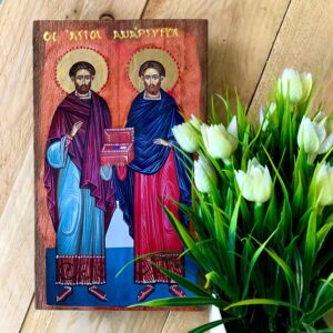 Saints Cosmas & Damian the Unmercenaries Handmade Greek Orthodox Wooden Icon