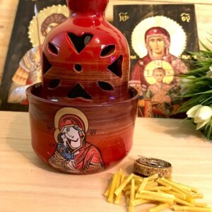 Ceramic Greek Orthodox Vigil Lamp with Icon of the Virgin Mary