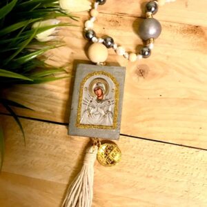 Handmade Mini Pendant Orthodox Wooden Icon - Charm With Beads / Handmade Greek Orthodox Mini Icon With Virgin Mary of Sorrows