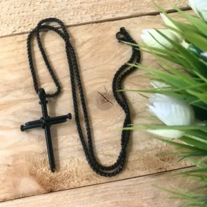 Black Metal Cross Necklace with Nails – Religious Jewelry for Men