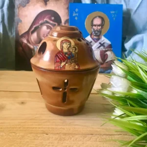 Ceramic Greek Orthodox Brown Vigil Lamp with Icon of Virgin Mary