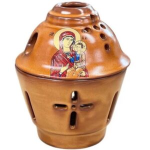 Ceramic Greek Orthodox Brown Vigil Lamp with Icon of Virgin Mary