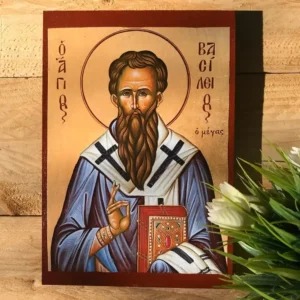 Handmade Wooden Icon of Saint Basil the Great - Orthodox Religious Art Unique Gift for Christians - Handcrafted Wooden Saint Vasilios Icon