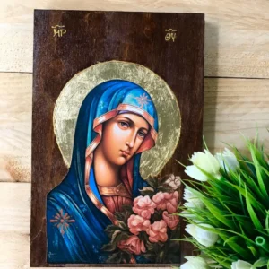 Handmade Wooden Icon of the Virgin Mary with Gold Leaf Halo