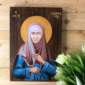 Handmade Wooden Icon of Mother Gavrielia - Ascetic of Love - Christian Orthodox Wood Art - Spiritual Gift Byzantine Style Religious Decor