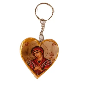 Heart-Shaped Religious Keychain with Icon – Virgin Mary Seven Swords