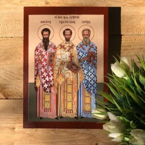 Saints Three Hierarchs Handmade Wooden Orthodox Icon | Basil the Great Gregory the Theologian John Chrysostom