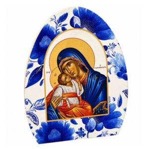 Handmade Virgin Mary Glykophilousa Wooden Icon in Egg Shape with UV Print 15x12cm
