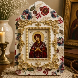 Handmade Wooden Charm MDF Virgin Mary Seven Swords with Porcelain Frame (16x10cm)