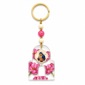 Pink Floral Virgin Mary Keychain | Plexiglass Orthodox Keyring Gift