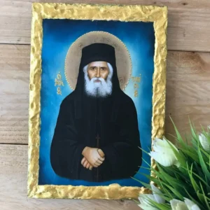 Saint Paisios Handmade Wooden Icon with Raised Gold Border  14×20cm