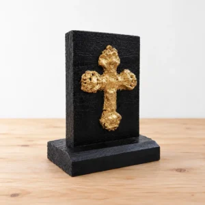 Ceramic Cross on Wooden Tabletop Stand – Black & Gold 8×11cm