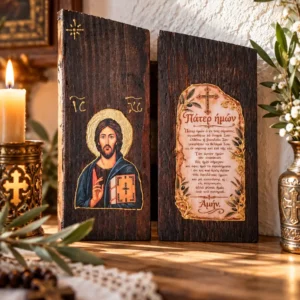 Handmade Wooden Diptych Icon with Jesus Christ Blessing & The Lord’s Prayer – 15x3x20 cm