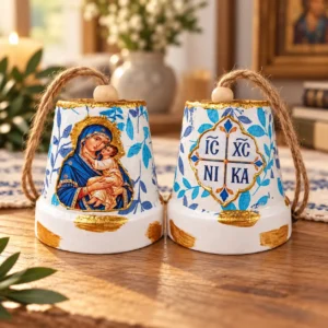 Handmade Ceramic Bell with Virgin Mary & IC XC NI KA Cross – Orthodox Decoupage Hanging Bell