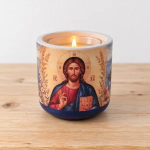 Handmade gypsum holder with Jesus Christ decoupage design, 7.5x7.5cm. Use it as a tealight holder, pencil holder or vigil lamp with inner glass insert.