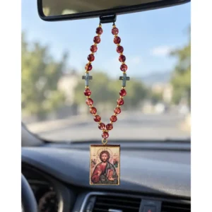 Handmade Jesus Christ Blessing Car Hanging Icon with Beads & Cross