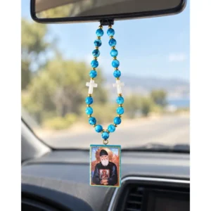 Handmade Saint Paisios Car Hanging Icon with Beads & Cross
