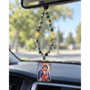 Handmade Virgin Mary Car Hanging Icon with Beads & Cross