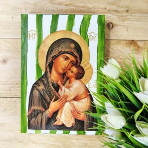 Handmade Wooden Icon of Virgin Mary and Child with Green Striped Background