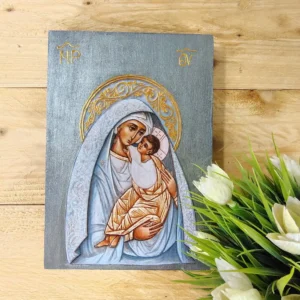 Handmade Wooden Icon of Virgin Mary and Child – Silver & Gold 14×20cm