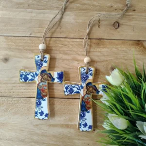 Porcelain Cross with Virgin Mary & Blue Floral Design 12×8cm
